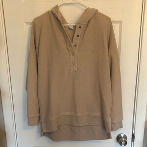 Cozy Hooded Waffle Knit Pullover in Tan